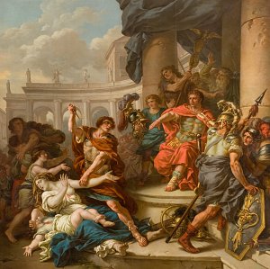 Cette image représente une scène historique ou mythologique riche en détails. Au centre, un groupe de personnages prend place autour d'une colonne majestueuse. Certains personnages semblent discuter ou débattre, tandis que d'autres sont en mouvement, ajoutant une dynamique à la composition. Les couleurs sont vives et variées, avec des drapés luxueux et des armures brillantes. On peut également voir des éléments architecturaux en arrière-plan, créant une atmosphère grandeur. La lumière joue un rôle important, mettant en valeur les figures et accentuant les expressions des visages. L'ensemble évoque une grande importance narrative et une intensité émotionnelle.