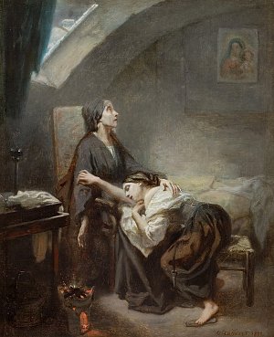 Cette image représente une scène poignante dans un intérieur sobre. On y voit deux femmes, l'une accroupie et l'autre assise, qui semblent partager un moment d'intense émotion. La femme assise, avec un regard préoccupé, est réconfortée par la jeune femme qui repose sa tête sur ses genoux. L'éclairage tamisé venant d'une fenêtre crée une atmosphère mélancolique, accentuant le sentiment de tristesse et de vulnérabilité. Des détails comme des objets sur une table et une faible lueur de feu ajoutent à la profondeur de la scène, évoquant une histoire de soutien et de compassion entre les deux protagonistes.